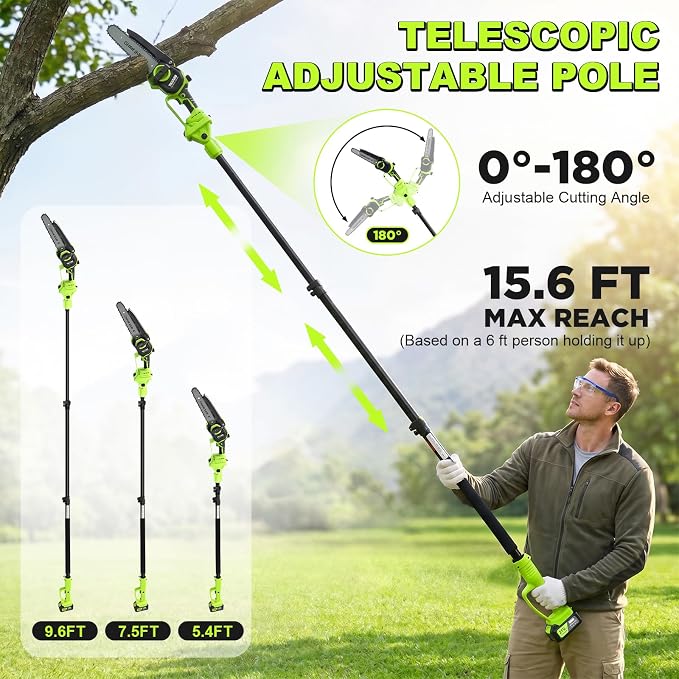 TNELTUEB 4-In-1 Cordless Pole Saw & Mini Chainsaw, 6"&8" Pole Saws For Tree Trimming with 15.6ft Extendable Pole, 180° Adjustable Angle, 1000W Brushless Motor, Electric Chainsaw with 2×4.0Ah Batteries