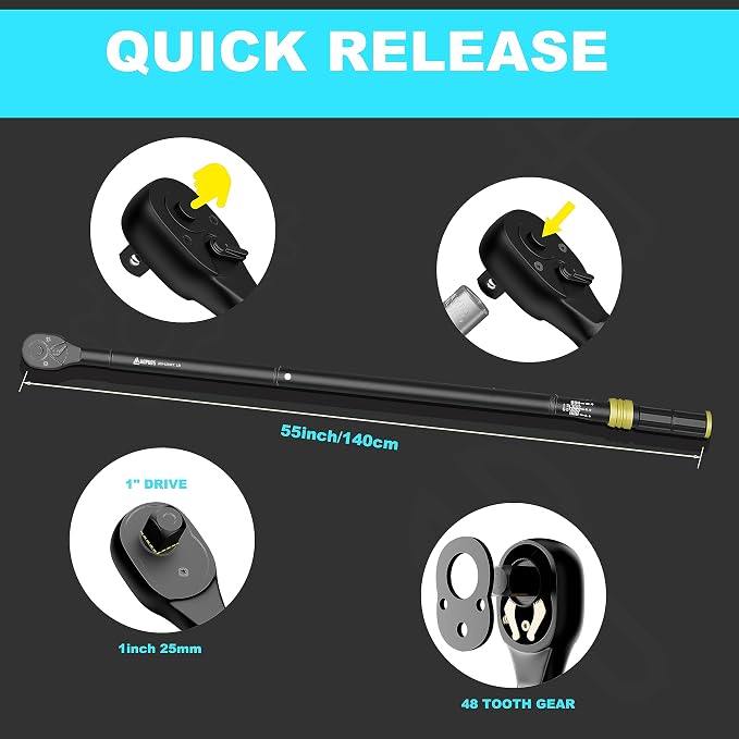 1-Inch Click Torque Wrench, 200-1200 Ft-Lb/271-1626 Nm, Heavy Duty | ±3% Accuracy, 48-Tooth Quick Release, Cr-V Steel, Dual-Direction, for Mining Truck, Marine, Oil Field & Wind Turbine