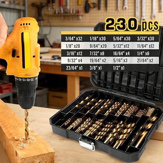 230 Pcs Drill Bit Set, 135°Tip High Speed Steel, Titanium Coated Drill Bit Set, Titanium Twist Drill Bit Set for Wood, Aluminum Alloy, Metal, Plastic with Storage Case, 3/64"-1/2"
