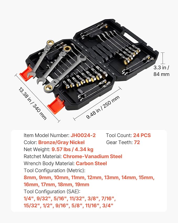 VEVOR 24-piece Ratcheting Wrench Set with 180° Flex Head, Anti-Slip Tooth, Combination Wrench Sets with Organizer Box, Metric 8-19mm & SAE 1/4-3/4", Nickel Plating
