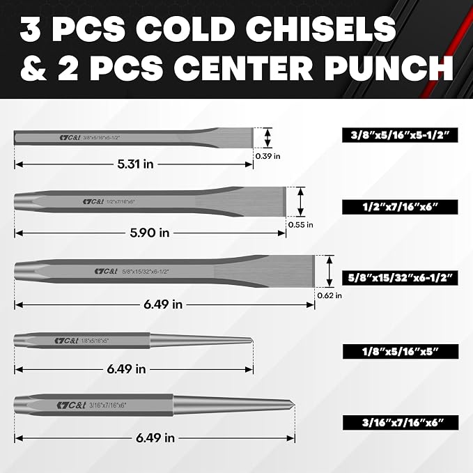 C&T 16-Piece Punch and Chisel Set with Storage Pouch, Including Taper Punch, Cold Chisels, Pin, Center Punch, Chrome Vanadium Steel