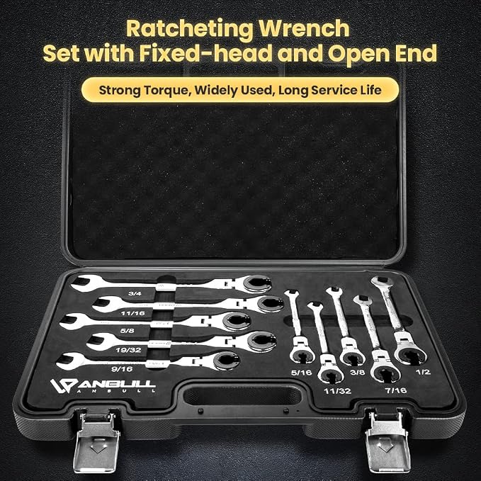 10PCS SAE Flex-Head Ratcheting Wrench Set 5/16-3/4" Combination 72-Tooth | 180 Degree Open Flex-Head,Cr-V Steel,Open-End Design,Combination Wrenches with Storage Box for Automotive Use
