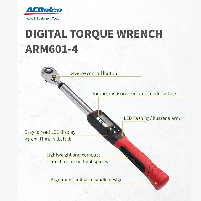 ACDelco ARM601-4 1/2” (14.8 to 147.5 ft-lbs.) Heavy Duty Digital Torque Wrench with Buzzer and LED Flash Notification – ISO 6789 Standards with Certificate of Calibration