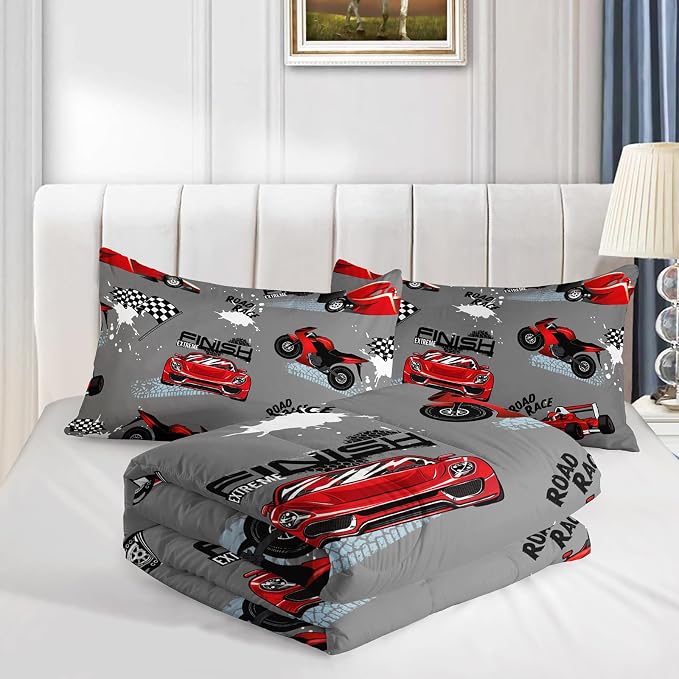 Axolotl Kids Racing Car Comforter Set King Size,Cartoon Race Car Bedding for Boys Girls Teen,Extreme Sport Bedding,Cars Racing Race Cars Quilt Bed Set with 1 Comforter 2 Pillowcases,Red Grey