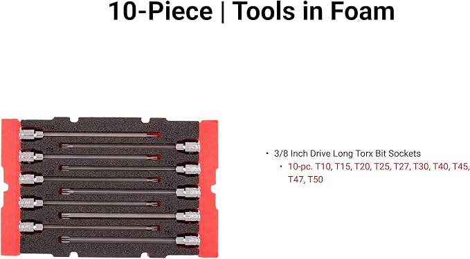 TEKTON Long Torx Bit Socket Set, 10-Piece | SHB91704 | 3/8 Inch Drive, (T10 - T50), Stacking Organizer, Custom Foam