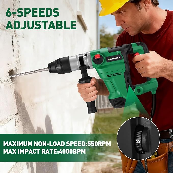 SDS Max Rotary Hammer Drill, 1-1/2 Inch 13 Amp Heavy and Duty Corded Concrete Demolition Hammer with 3 Functions, 6 Variable Speed, Safety Clutch, Vibration Control, 2 Chisels