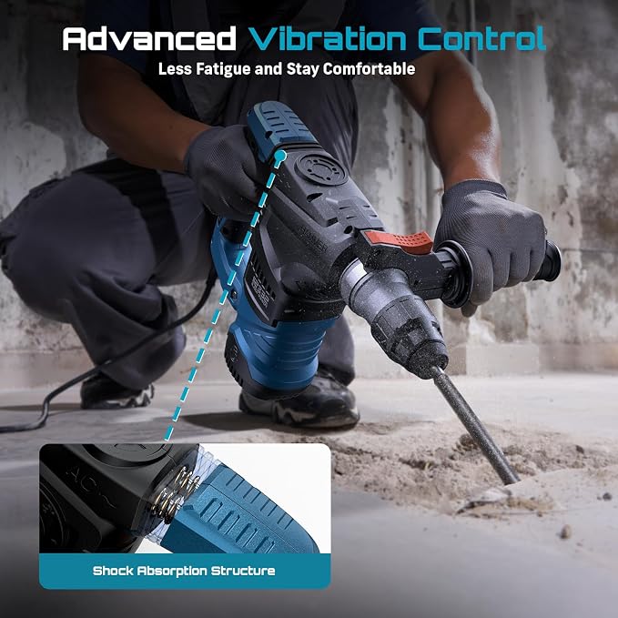 Seesii Heavy Duty Rotary Hammer: 13 Amp 1-1/4" SDS-Plus Demolition Hammer Drill for Concrete, Brick & Stone, 6J Power with 4 Functions, Safety Clutch & Reduced Vibration, with Drill Bits and Chisels