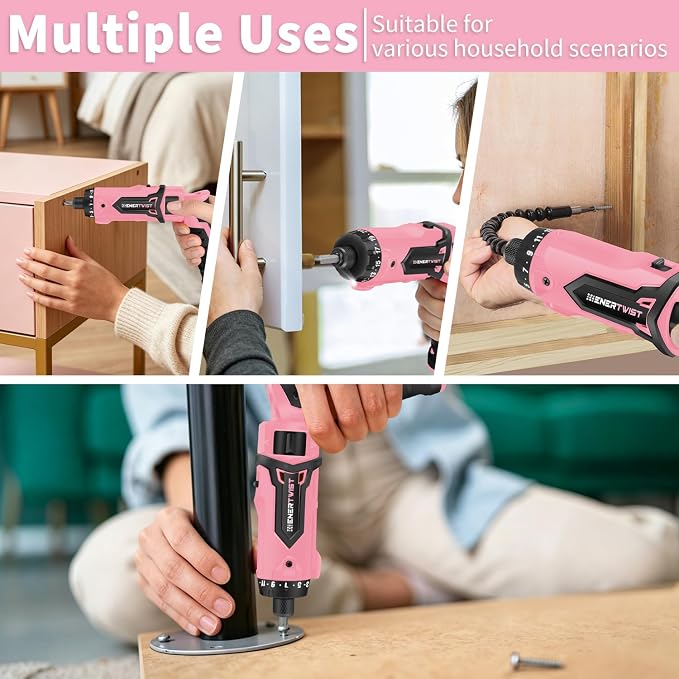 Enertwist Electric Screwdriver, 8V Max 10Nm Pink Cordless Screwdriver Rechargeable Set with 82 Accessory Kit and Charger in Carrying Case, 21+1 Cluth, Dual Position Handle, LED Light