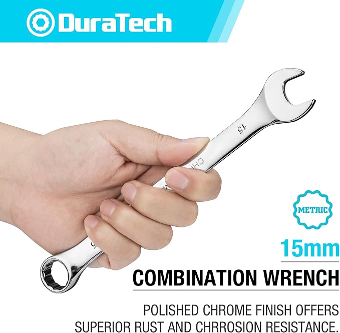 DURATECH 15mm Combination Wrench, Metric | CR-V Constructed, Mirror Polish, 12-Point, 15-Degree Offset