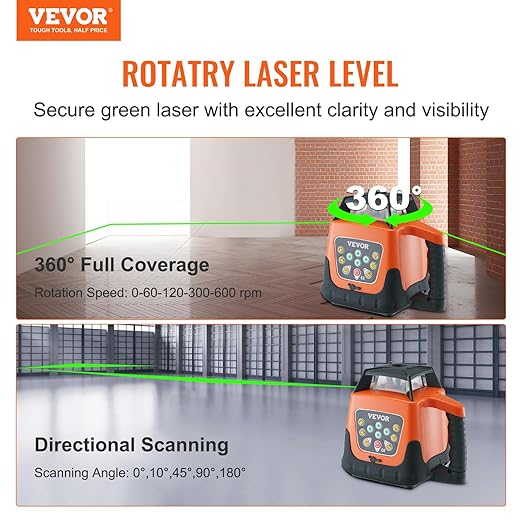 VEVOR Rotary Laser Level 2000ft,360 Degree Self Leveling Green Cross Line Laser,5 Rotation Speeds&4 Scanning Angles Adjustment,IP66 Waterproof Remote Control Manual Self-leveling Mode,Battery Included