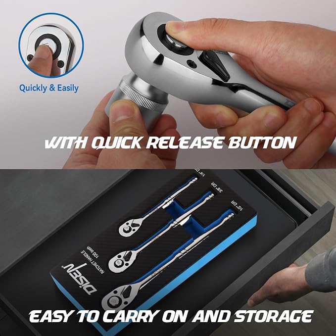 DISEN 3-Piece Standard Ratchet Set – 1/4", 3/8", 1/2" Drive with EVA Storage Tray | 100-Tooth Ratchet, Non-Slip Grip, Quick Release Button | Reversible Design with 3.6° Swing for Tight Spaces