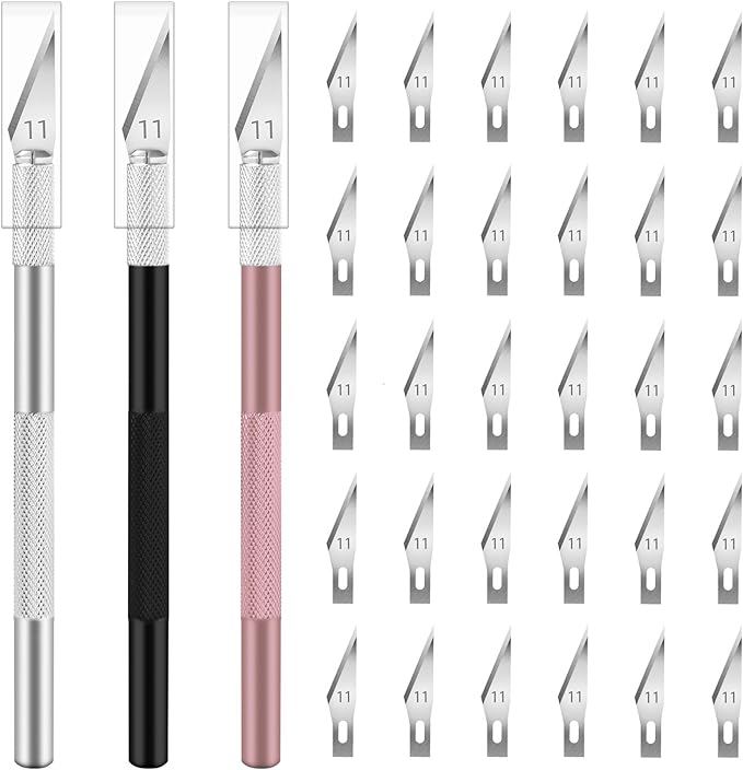 JETMORE Exacto Knife, 3 Exacto Knives with 30 Exacto Blades #11, Exacto Knife Set for Crafting, Craft Knife, Hobby Knife for Scrapbooking, Modeling, Stencil (Black-Silver-Pink)