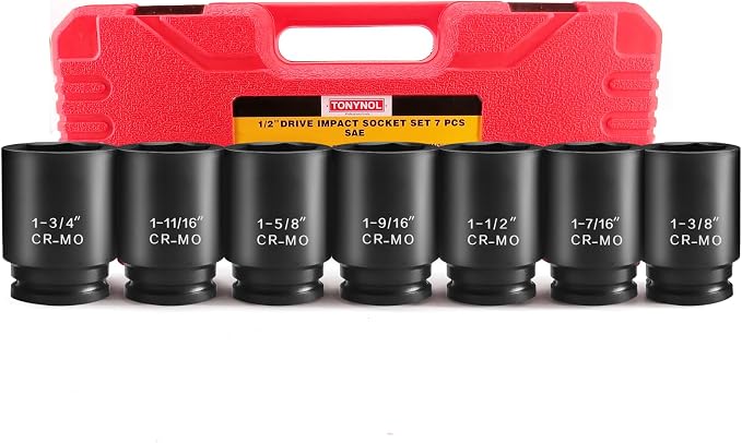 TONYNOL 1/2 Inch Drive Deep Impact Socket Set, 6-Point, SAE(1/2 Drive 1-3/8"to1-3/4"), 7 PCS, Cr-Mo, Heavy Duty Impact Socket Set, with a strong case | 6-Point,Cr-Mo Steel, Heavy Duty Impact Socket Set, with a strong case