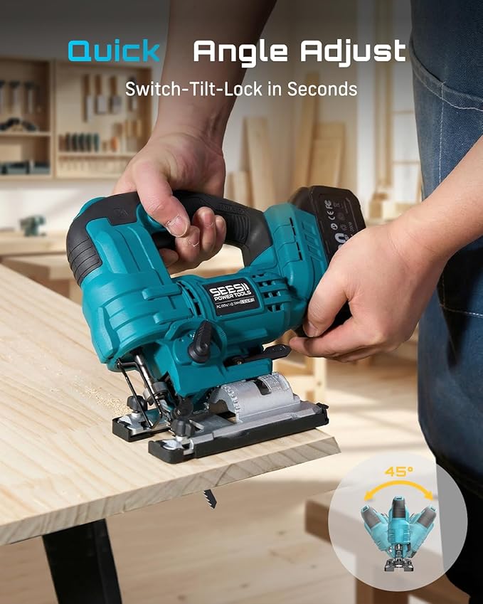 SEESII Brushless Jig Saw, Cordless Jigsaw Tool 2×4.0Ah Batteries | 0–45° Bevel Cut, 3500 SPM Variable Speed, 4 Orbital, Electric Jig Saw for Woodworking, Cutting Wood Metal PVC