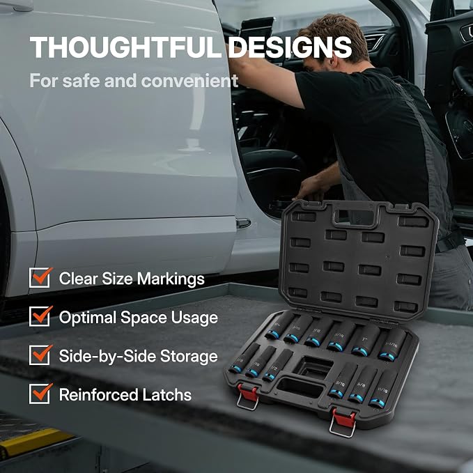 BLACK CANYON 12-Piece 1/2" Drive Deep Impact Socket Set, SAE 6-Point Sockets, Cr-Mo Impact Grade Steel, Heavy-Duty Storage Case for Automotive, Truck & Equipment Repair