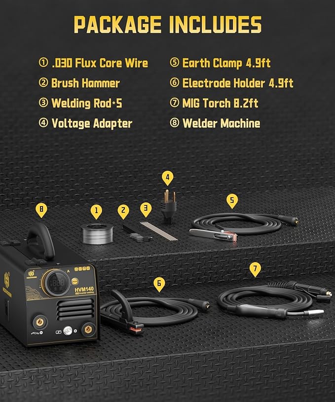 H HZXVOGEN 140A MIG Welder, 110V/220V Dual Voltage, Flux Core MIG/Lift TIG/Stick 3-in-1 Welding Machine with Synergic, IGBT Inverter, Portable Welder