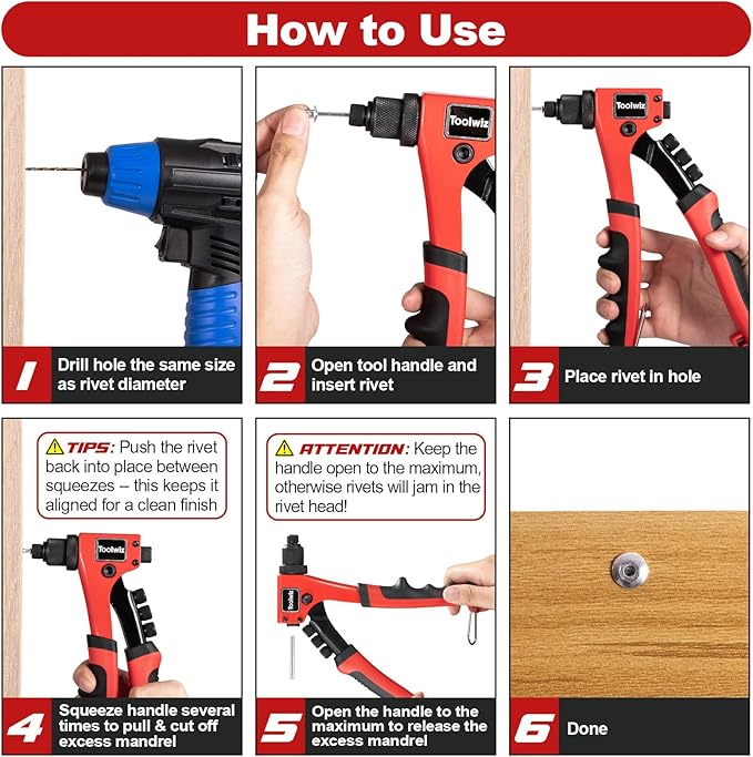 Toolwiz Rivet Gun One-Handed Rivet Gun Kit with 200pcs Rivets, 4pcs Tool-Free Interchangeable Heads and 4pcs Drill Bits - Heavy Duty Hand Riveter for Metal, Wood, Plastic, Leather, Fabric