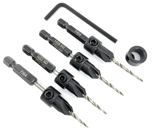 FTG USA Countersink Drill Bit Set 4 Pc #4 (7/64") Wood Bit, Tapered Bit, Stop Collar, Hex Wrench for Woodworking