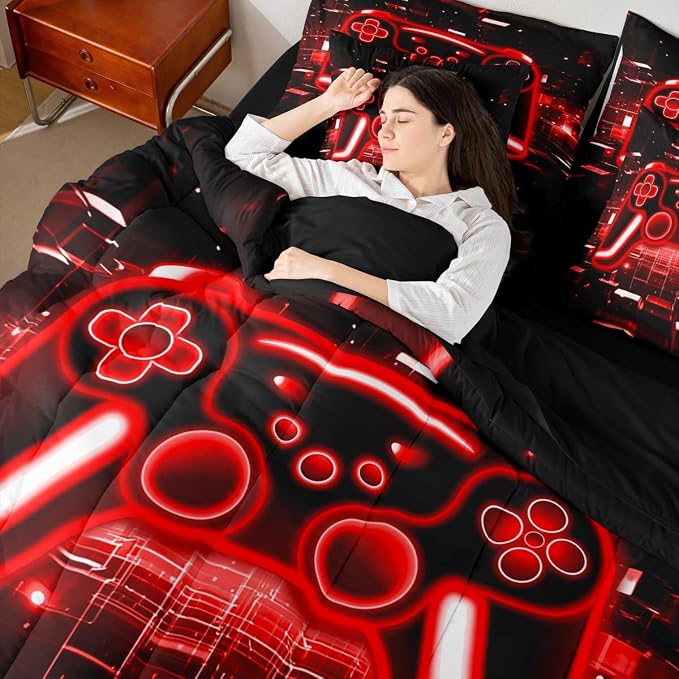 Erosebridal Gamer Comforter Set 7-Piece Bed in a Bag Twin, Gaming Bedding Sets Neon Lights Game Boy Games Comforter and Sheet Set, Red Brick Cube Room Decor,Gaming Room Decor