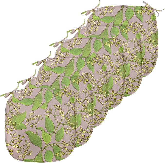 Lunarable Cinnamon Chair Seating Cushion Set of 6, Plantation Floral Pattern on a Plain Background, Anti-Slip Seat Padding for Kitchen & Patio, 16"x16", Yellow Green Olive Green