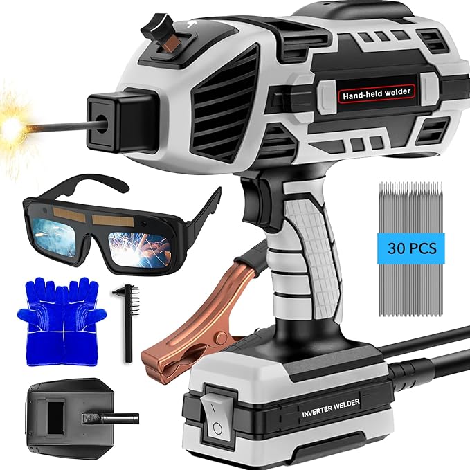 Portable Welding Machine, 110V Handheld Welder with 30PCS Rods & Auto Darkening Goggles, Electric ARC Welder Gun with IGBT Inverter 5 Variable Current Adjustment Fits for 3/32" Welding Rods