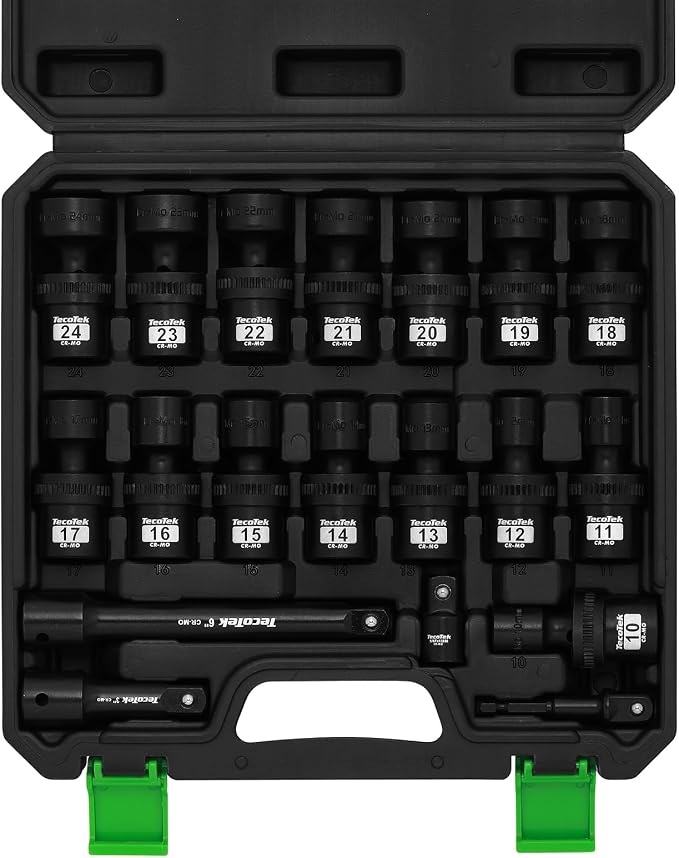 TecoTek 19 PCS 1/2" Drive Shallow Universal Impact Socket Set, Swivel Socket Set, Metric Socket Set with Flexible Wobble, 10-24mm, Cr-Mo Steel, Includes Extension Bars and Adapter