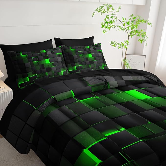 Nttopship Geometric Green Black Queen Comforter Set,Light Honeycomb Bedding Set 7 Piece in A Bag,Bed Sheet Set Geometry Decor,Microfiber Lightweight All Season