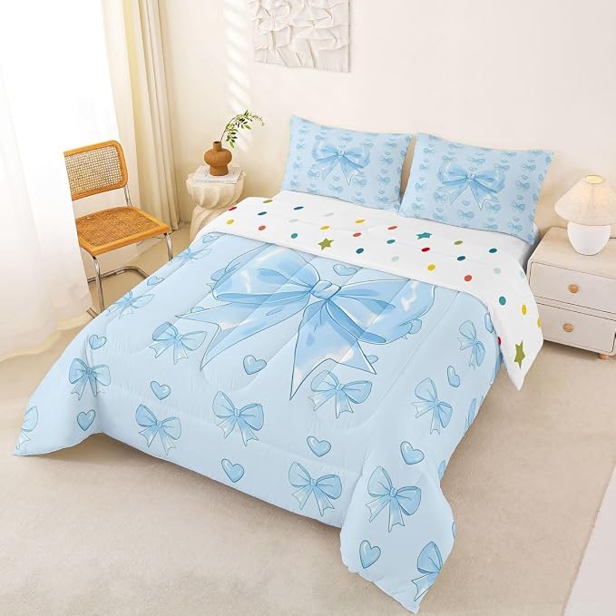 Feelyou Cute Blue Bow Bedding Set Soft for Boys Girls, Love Hearts Bowknot Comforter Set Queen Size Girly Bow Tie Duvet Quilt Microfiber Bedroom Decor 3 Pcs with 2 Pillow Cases