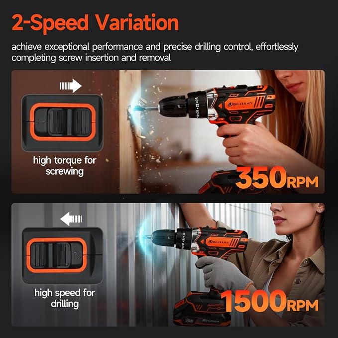 Cordless Drill Set, 20V Power Drill Drivers - 1 * 2.0Ah Battery | Fast Charger, 25+3 Torque, 2 Speed, 3/8"Keyless Chuck, LED Light, 45pcs Drill Bits for DIY, Home Repair, Furniture Assembly