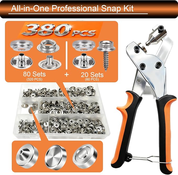 Heavy Duty Snap Fasteners Kit & Snap Fastener Tool with 100 Sets 15mm Boat Cover Snaps - Professional Canvas Snap Button Kit for Boat, RV, Tarp & Canvas Repair