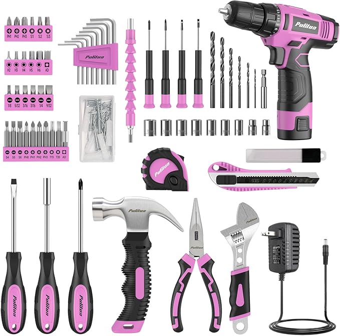 PULITUO Drill Set, 149-Piece Home Tool Set with 12V Pink Cordless Drill, ToolBox, Hand Tool Kits for Women Men, DIY Enthusiasts for Home Improvement.