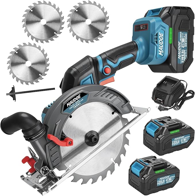 6-1/2" Cordless Circular Saw, 21V Brushless Power Circle Saw 2 x 6.0AH Battery, 5500RPM sierra Circular Inalambrica with 3 Cutting Blades, Max Cut Depth 2-1/4"(90°), 1-7/16" (45°) for Wood, PVC