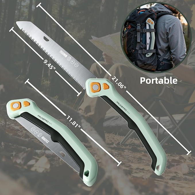 PrunePro Folding Hand Saw 9.5 Inch SK5 Blade for Tree Trimming Gardening Camping | 3 Adjustable Cutting Angles | Sharp Triple-Cut Blade | Ergonomic Non-Slip Grip | Foldable Pruning Wood Cutting Saw