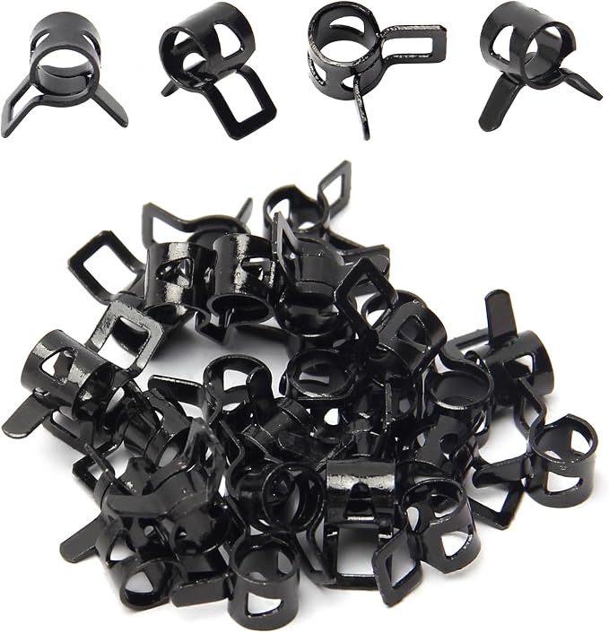 50pcs 0.28" ID Constant Tension Band Hose Clamps, 7mm Spring Band Type Action Hose Clamp Manganese Steel Fuel Line Clamp Low Pressure Air Clip Clamp for Fuel Hose Line Water Pipe Air Tube black