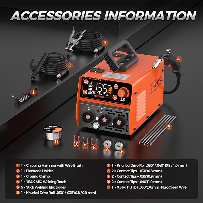 FEIFANKE 135A MIG Welder, 110v Flux Core MIG/Stainless Flux MIG/Stick/MMA/Lift TIG 4 In 1 Portable Multiprocess Welding Machine With LED Display, Synergic Wire Feed Welder IGBT For Thin Metal（6.6LBS）