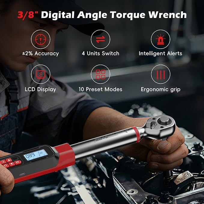 3/8" Digital Angle Torque Wrench, 5-99.6 Ft.lb, ±2% Accuracy, 8pcs | Electronic Torque Wrench with 0.1° Angle Mode, LED Display, Buzzer Alerts for Automotive, Motorcycle & Engine Repair