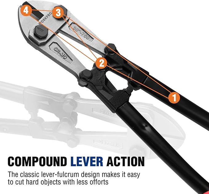 WORKPRO 30" Bolt Cutter, Chrome Molybdenum Steel Blade, Heavy Duty Bolt Cutter with Soft Rubber Grip, Cutting Tool for Cut Chain, Wire, Screw, Rivet