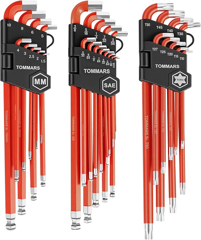 TOMMARS 31-PC Extra Long Stubby Ball End Allen Wrench Set, SAE/Metric/TORX | Extra Long Arm, Stubby Arm, Ball End, S2 Steel, SAE(0.05"-3/8"), Metric(1.5mm-10mm), TORX(T10-T50)