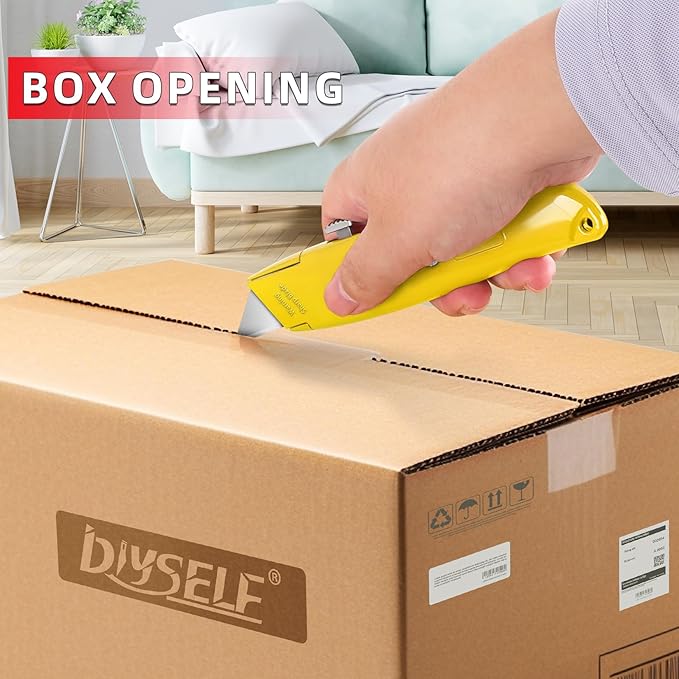 DIYSELF 30 Pack Box Cutter Heavy Duty Aluminium Shell Utility Knife | SK5 Steel Sharp Blade | Retractable Knife for Cutting Cartons Ropes and Cardboard | Home and Office Use, PVC Pipe Cutter (Yellow)