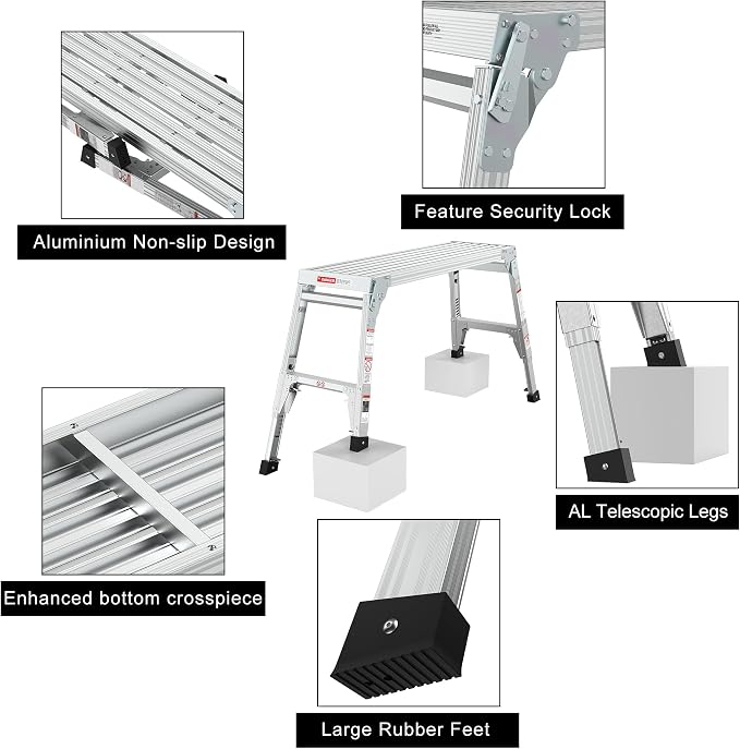 40" Aluminum Folding Work Platform/Step Stool with Telescoping Legs 22" - 27.5" Height Adjustable - 225 lbs, Non-Slip, Portable Ladder Bench for Washing, Painting