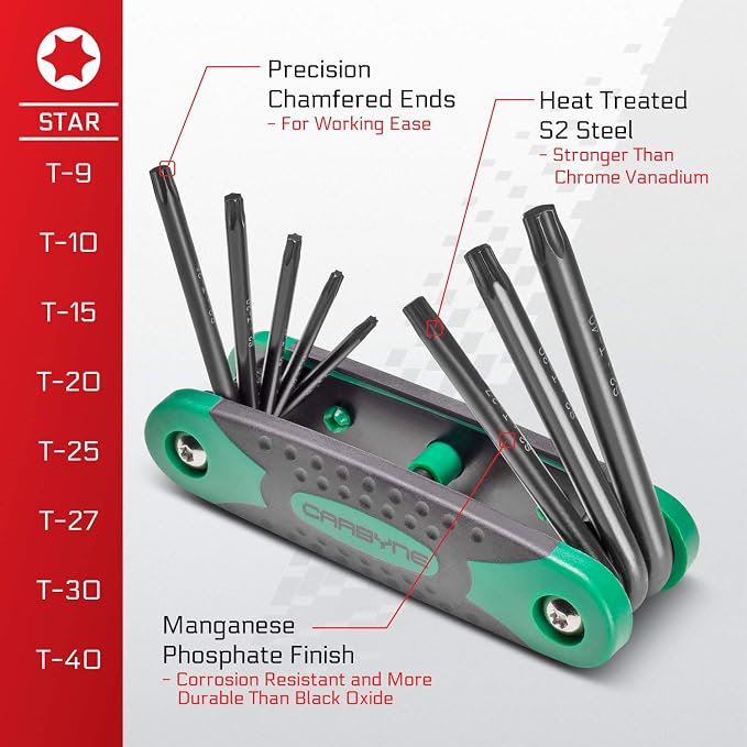 Carbyne 25-Piece Folding Hex (Allen) Key and Torx Wrench Set, SAE/Metric/Torx, S2 Steel, Manganese Phosphate Finish, Metric Hex 1.5-8mm, SAE Hex 5/64"-1/4", Torx T9-T40