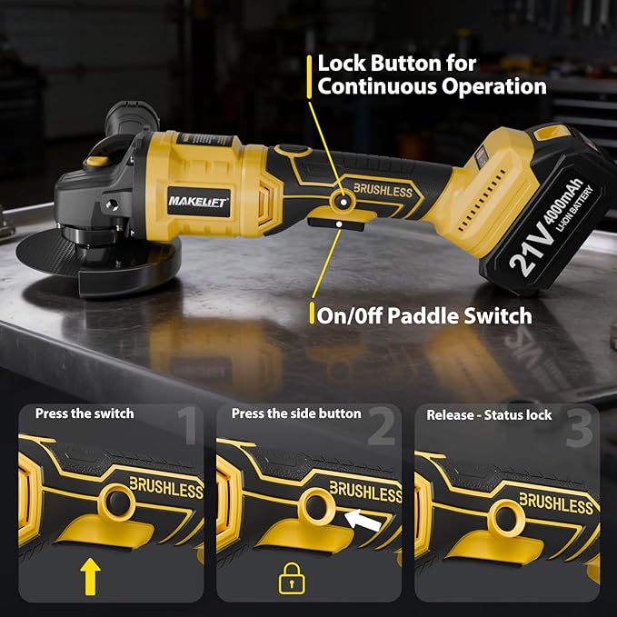 Cordless Angle Grinder 4-1/2 Inch, Brushless Grinder Tool Kit, 2 x 21V 4.0Ah Batteries, 10000RPM Cordless Grinder, Cut Off Tool for Metal Cutting, Grinding, Polishing, Rust Removal (Yellow)