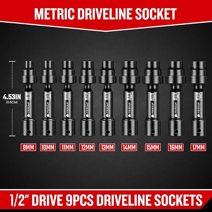 9-Piece 1/2'' Drive Driveline Limited Clearance Socket Set, 12-Point Metric Impact Swivel Socket Set, Cr-Mo Steel with Storage Case for Automotive & Industrial