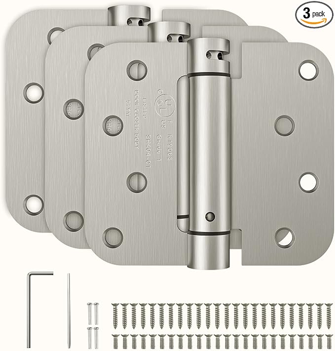 HOSOM Self Closing Door Hinges Brushed Nickel Spring Loaded Hinges 4 Inch Adjustable Tension for Garage, Front Door, Back Door, UL Listed, for Left and Right Hand Door, 5/8'' Radius Corners, 3 Pack