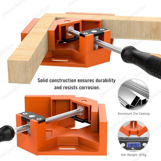 Housolution Right Angle Clamp, [2 PACK] Single Handle 90°Aluminum Alloy Corner Clamp, Right Angle Clip Clamp Tool Woodworking Photo Frame Vise Holder with Adjustable Swing Jaw - Orange