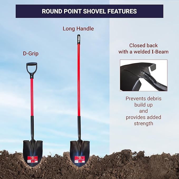 Bully Tools Round Point Heavy Duty Shovel - 14-Gauge Fiberglass Long Handle, Strong Metal Construction, Ideal for Gardening, Digging and Landscaping, Square and Flat Head Design - 100% Made in the USA