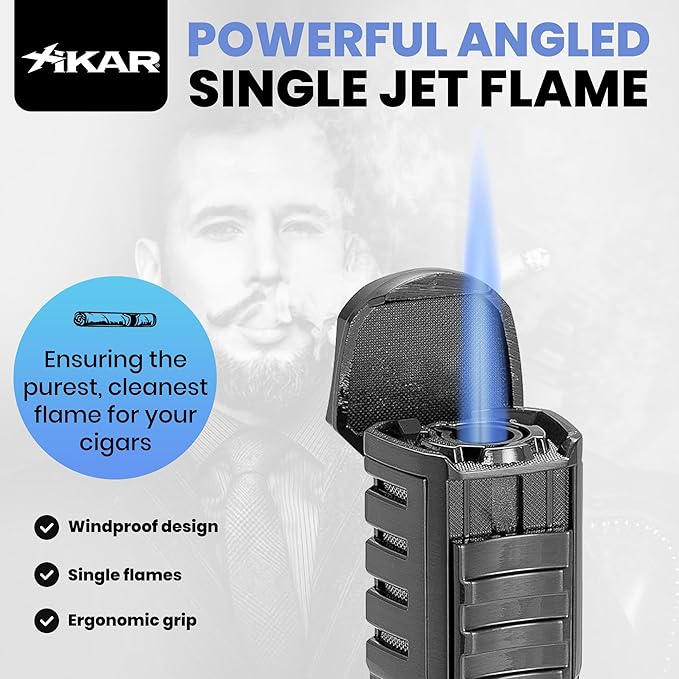 XIKAR Tactical Single-Jet Lighter, Gunmetal - Powerful Flame, Rugged Design with Rest Feature, Pocket Clip, EZ-View Fuel Window, and Adjustable Flame Height - Ideal for Outdoor Use