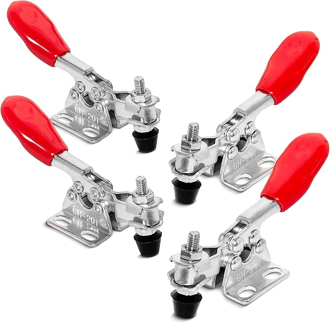 POWERTEC 4PK Toggle Clamp, 60 lbs Holding Capacity, 201 Quick Release Horizontal Clamps w/ Antislip Rubber Pressure Tip for Woodworking Jigs and Fixtures, Welding, Drill Press, Crosscut Sled (20321)