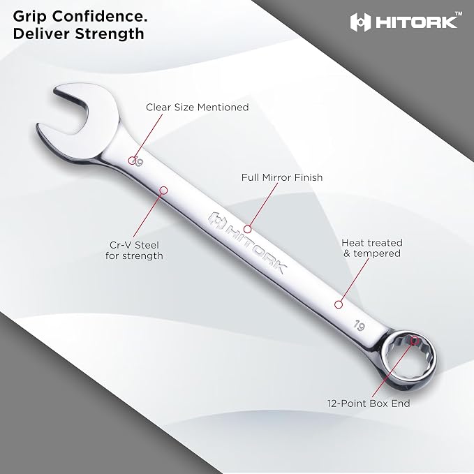 HITORK 19 Piece Metric Combination Wrench Set, 6-24 mm, CR-V, Storage Pouch | Mirror chrome finish, 15° Offset box ends and organized roll up storage improve access, control automotive repair work