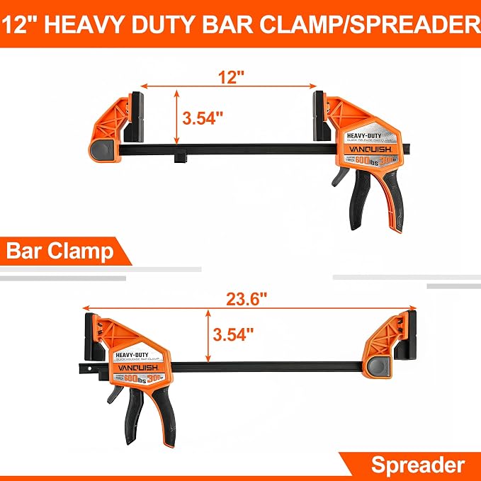 VANQUISH 12" One Hand Clamp/Spreader, 600Lbs Clamping Force, 3.4in. Throat Depth Heavy Duty Quick Release Bar Clamps, Tools & Equipment for Woodworking, Carpentry, Home Improvement, DIY